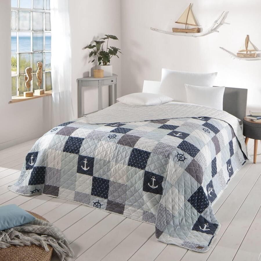 Sprei bedsprei serie Maritim voor een tweepersoonsbed patchwork 220 x 240 cm marineblauw