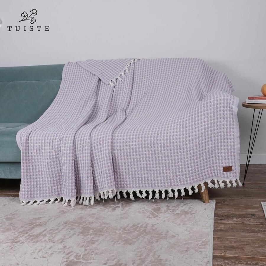 Sprei dubbel XXL 250 x 265 cm lila lavendel lichte zomerdeken wafellook bedsprei plaid voor bank katoen