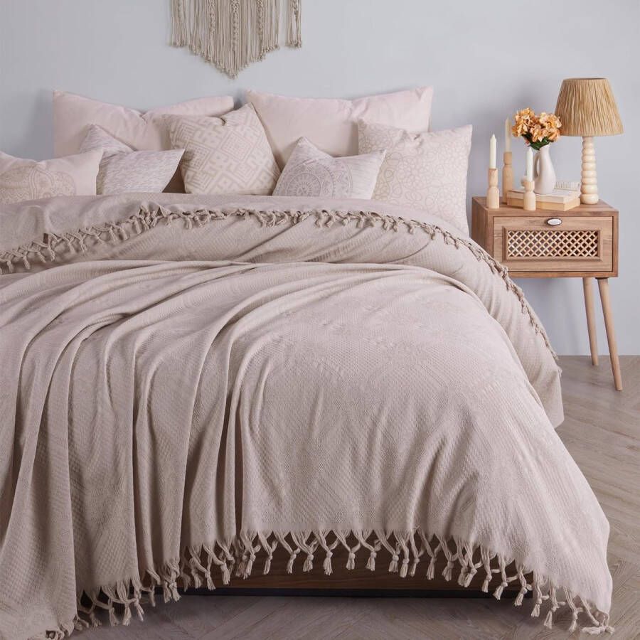 Sprei extra groot 220 x 240 cm 100% katoen plaid voor bank fauteuil en bed knuffeldeken bankdeken deken (Sepia 220 x 240 cm)