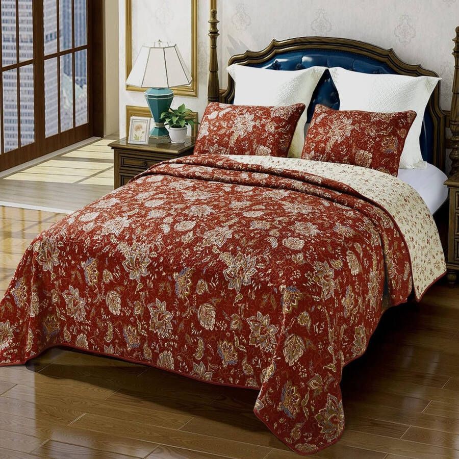 Sprei katoen 240 x 260 cm bedsprei tweepersoonsbed rode deken gewatteerd met kussen grote omkeerbare deken landhuisstijl bloemenpatroon