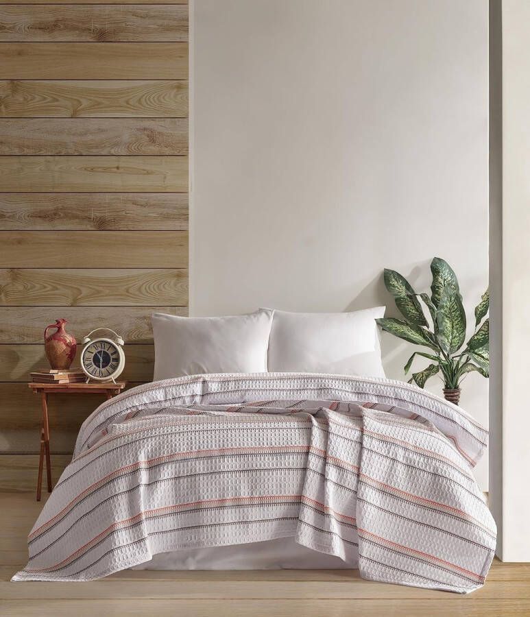 Sprei met wafellijn extra groot 235 x 240 cm 100% katoen Oeko-Tex plaid voor bank fauteuil en bed bankdeken deken (wafellijn) (baksteen 235 x 240 cm)