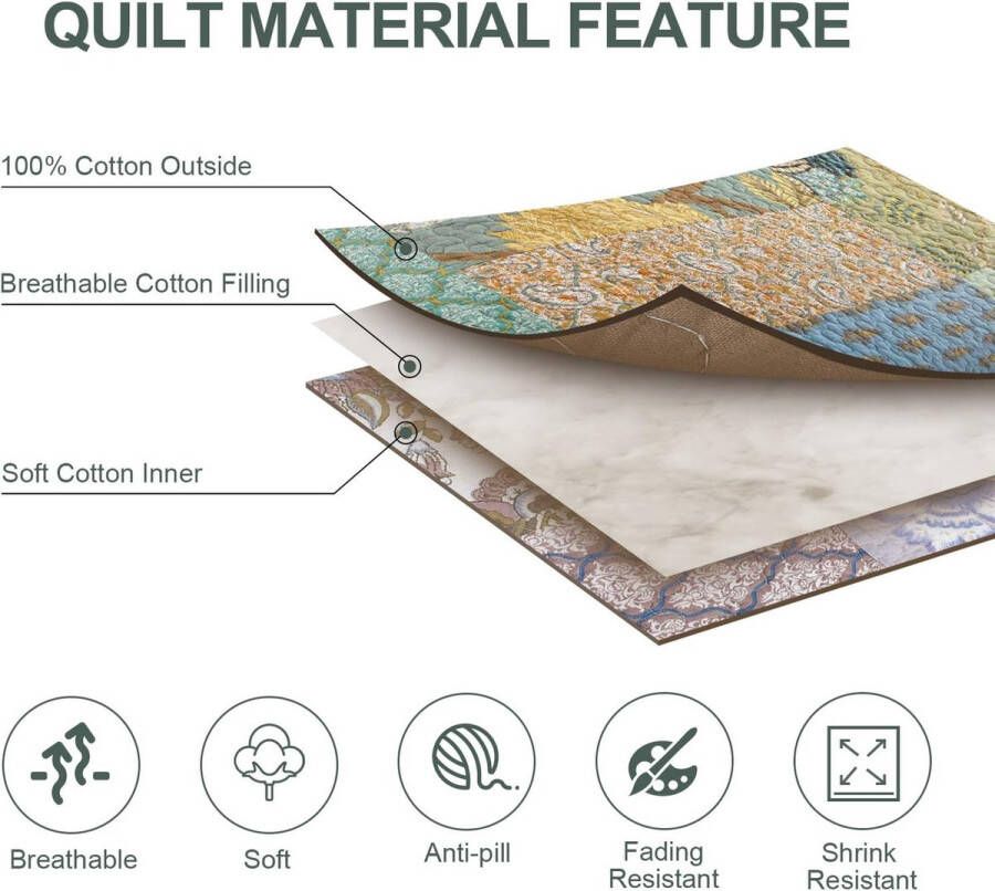 Sprei patchwork 150 x 200 cm voor eenpersoonsbed quilt patchwork-deken van katoen vintage stijl tweezijdig design gewatteerde deken met zomers patroon