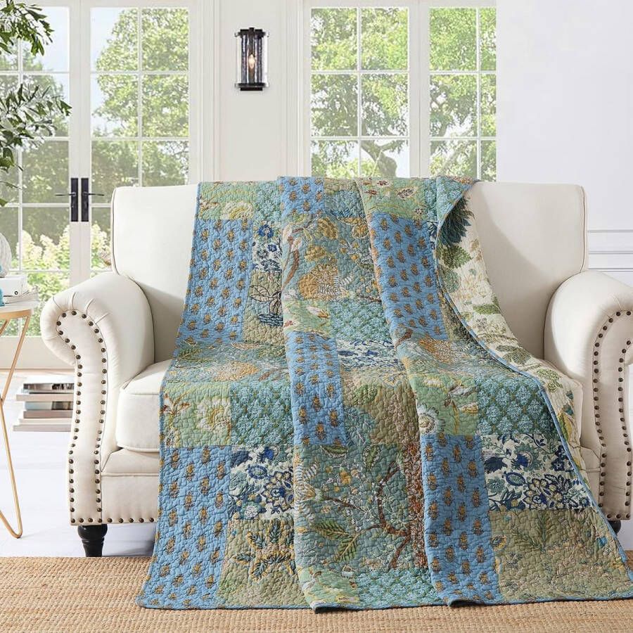 Sprei patchwork 150 x 200 cm voor eenpersoonsbed quilt patchwork-deken van katoen vintage stijl tweezijdig design gewatteerde deken met zomers patroon