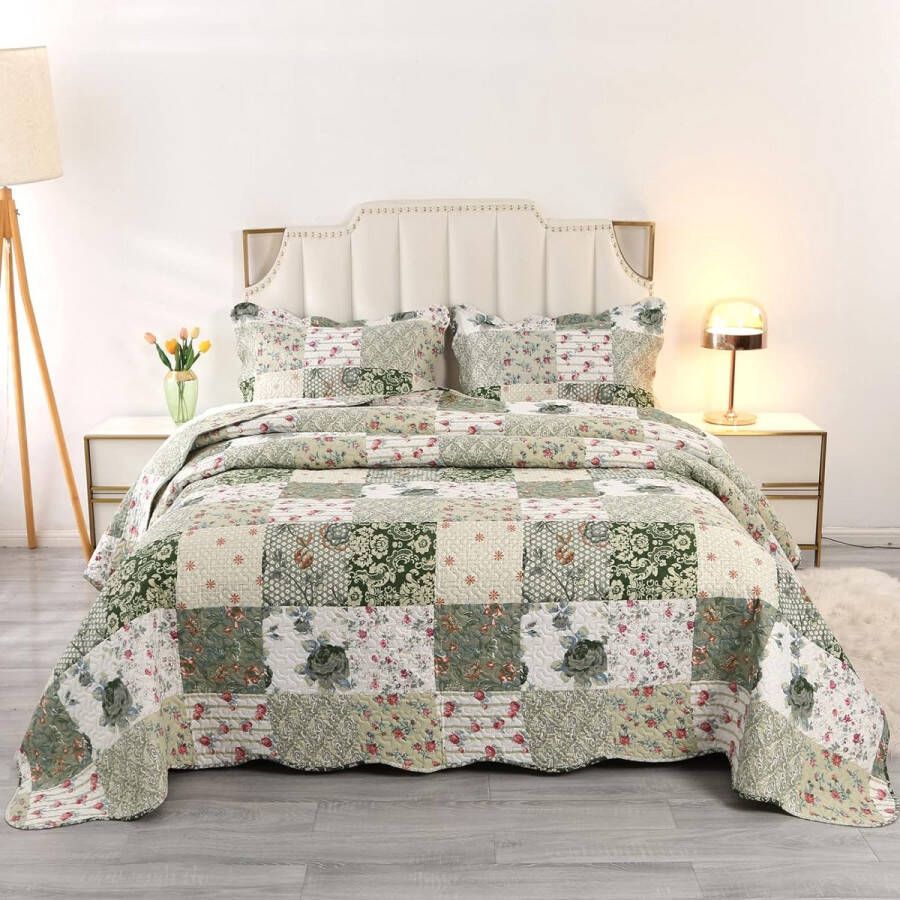 Sprei patchwork 230 x 260 cm van microvezel sprei tweepersoonsbed set met 2 kussenslopen lichte bankhoezen ultrasoon genaaid groot in landhuisstijl