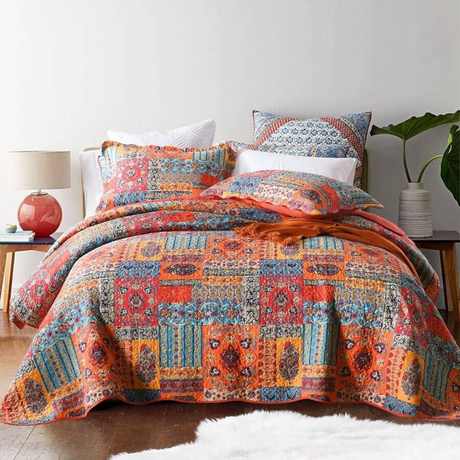 Sprei Shabby Chic 240 x 260 cm Patchwork Bedsprei 250x270 katoen gewatteerde deken voor tweepersoonsbed met kussen in landelijke stijl
