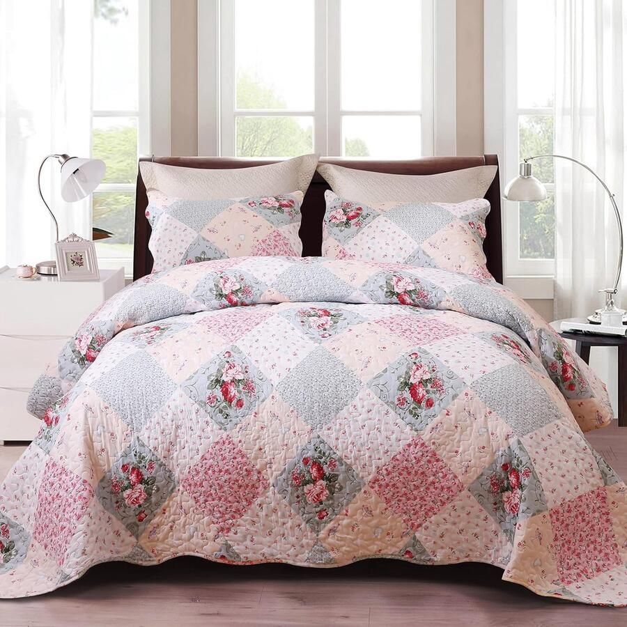 Sprei van 220 x 240 cm beddengoed bloemen patchworkdeken bedsprei 3-delig dekbed microvezel sprei met 2 kussenslopen van 50 x 70 cm voor sprei bank