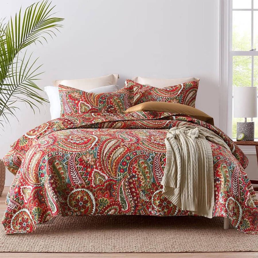 Sprei van katoen 220 x 240 cm sprei 230 x 250 voor tweepersoonsbed rode paisley all-season deken banksprei gewatteerde deken dekbed met 2 kussenslopen