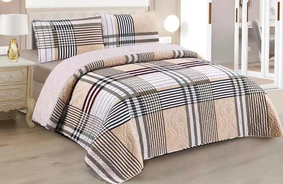 Sprei voor lente en zomer tweekleurig omkeerbaar met bruine strepen + 2 kussenslopen 50 x 70 cm lichtgewicht dunne overgangsdeken (bed 150 cm 240 x 260 cm)