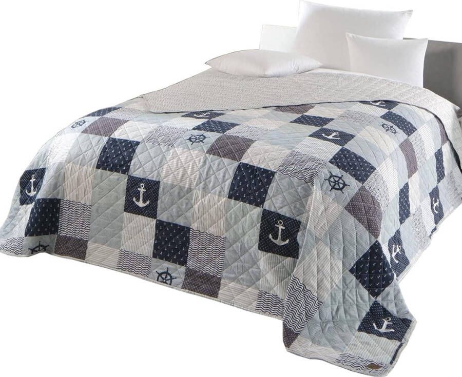 Sprei voor tweepersoonsbed 220 x 240 cm patchwork marineblauw