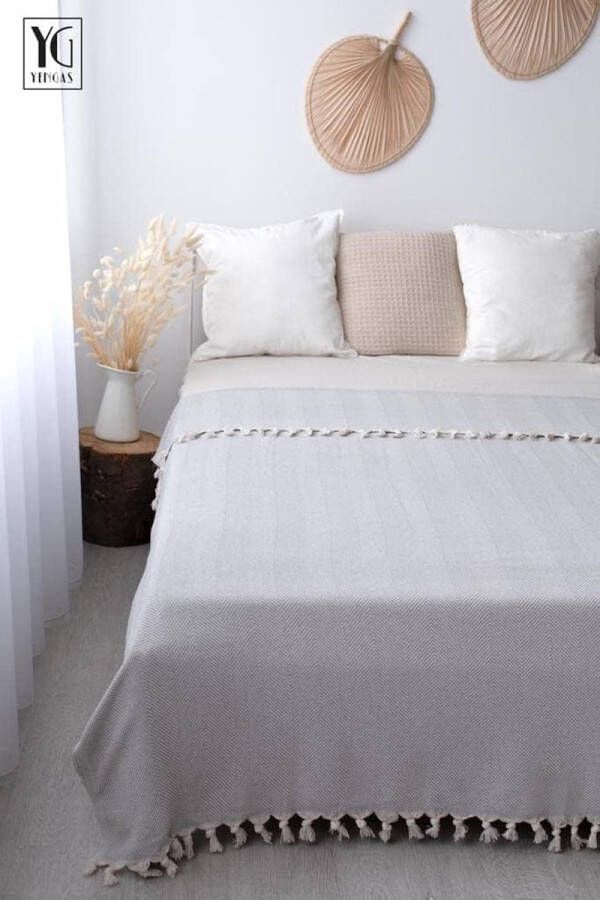 Sprei XL 150 x 200 cm grote woondeken bedsprei deken voor bank en bed allrounderdeken 85% katoen en 15% gerecycled polyester grijs visgraat