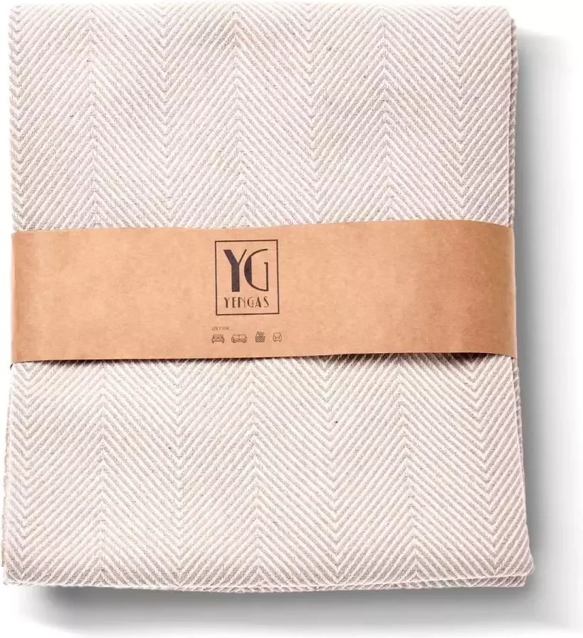 Sprei XL 150 x 200 cm grote woondeken bedsprei deken voor bank en bed allrounderdeken 85% katoen en 15% gerecycled polyester beige visgraat - Foto 2