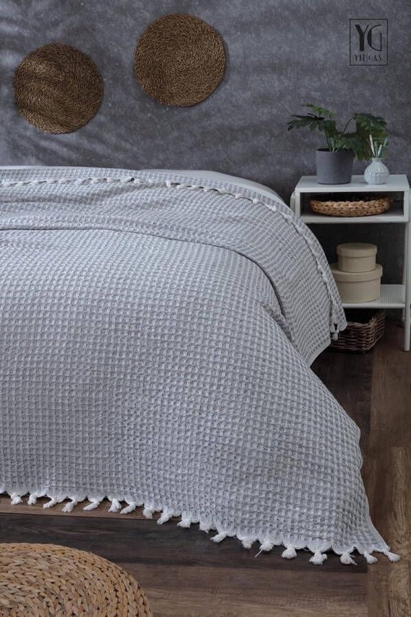Sprei XL 150 x 200 cm wafelpique grote woondeken bedsprei bankdeken sprei deken voor bank en bed 85% katoen en 15% gerecycled polyester wafelpatroon grijs
