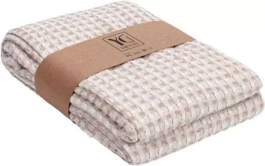 Sprei XL 150 x 200 cm wafelpique grote woondeken bedsprei bankdeken sprei deken voor bank en bed 85% katoen en 15% gerecycled polyester wafelpatroon beige