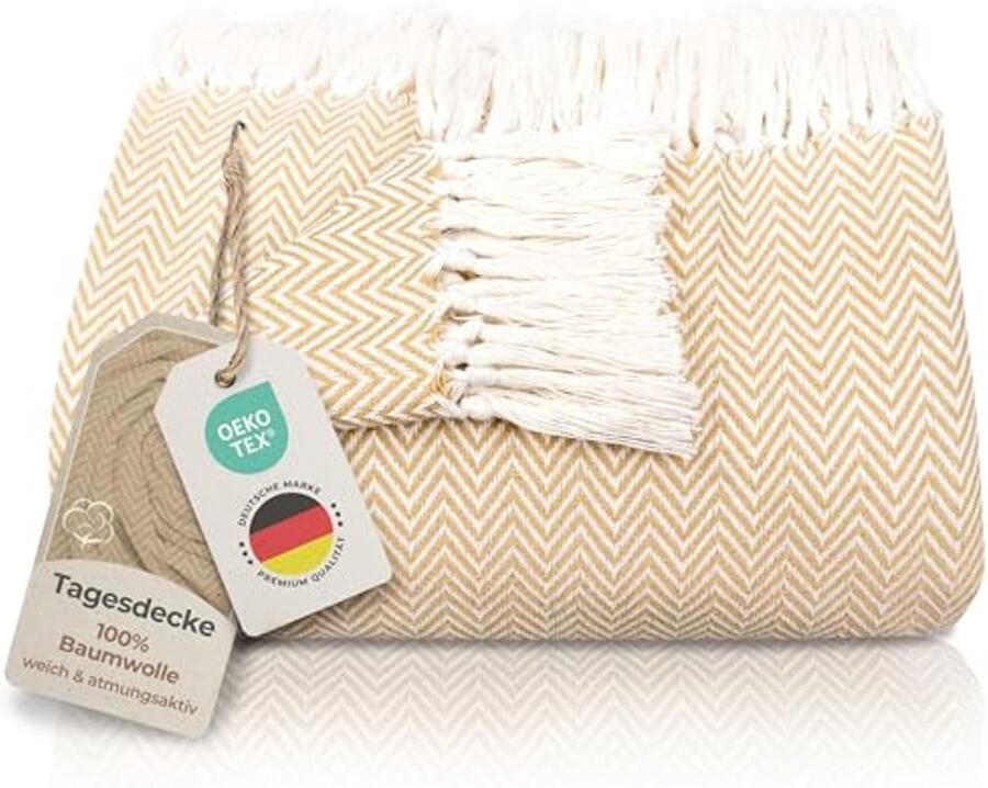 Sprei XXL 220 x 240 cm Visgraatpatroon met Franjes 100% Katoen Zomer Deken voor Bed of Bankstel (Beige)