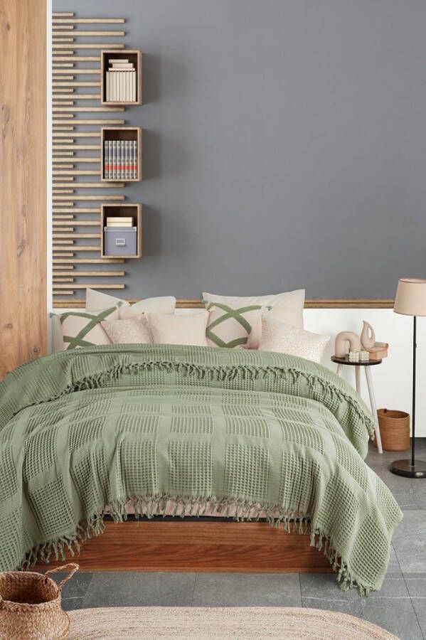 Sprei XXL wafel extra groot 220 x 240 cm 100% katoen Oeko-Tex plaid voor bank fauteuil en slaapbank deken (smaragd)