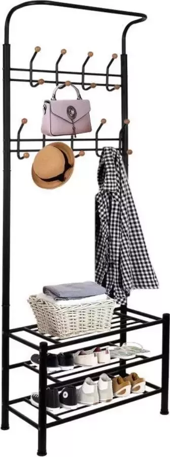 Springos Garderoberek Kapstok 9 Haken Schoenenrek Zwart