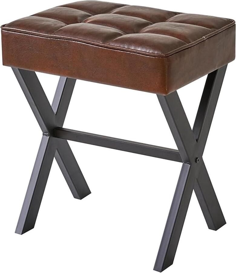 Square Make-up Hocker mit X-Bein Fußstütze PU Fußstütze Hocker Ottoman Sitz Eitelkeitshocker Multi-Use als Kleiner Beistelltisch für Schlafzimmer Wohnzimmer braun L G-71Z - Foto 2