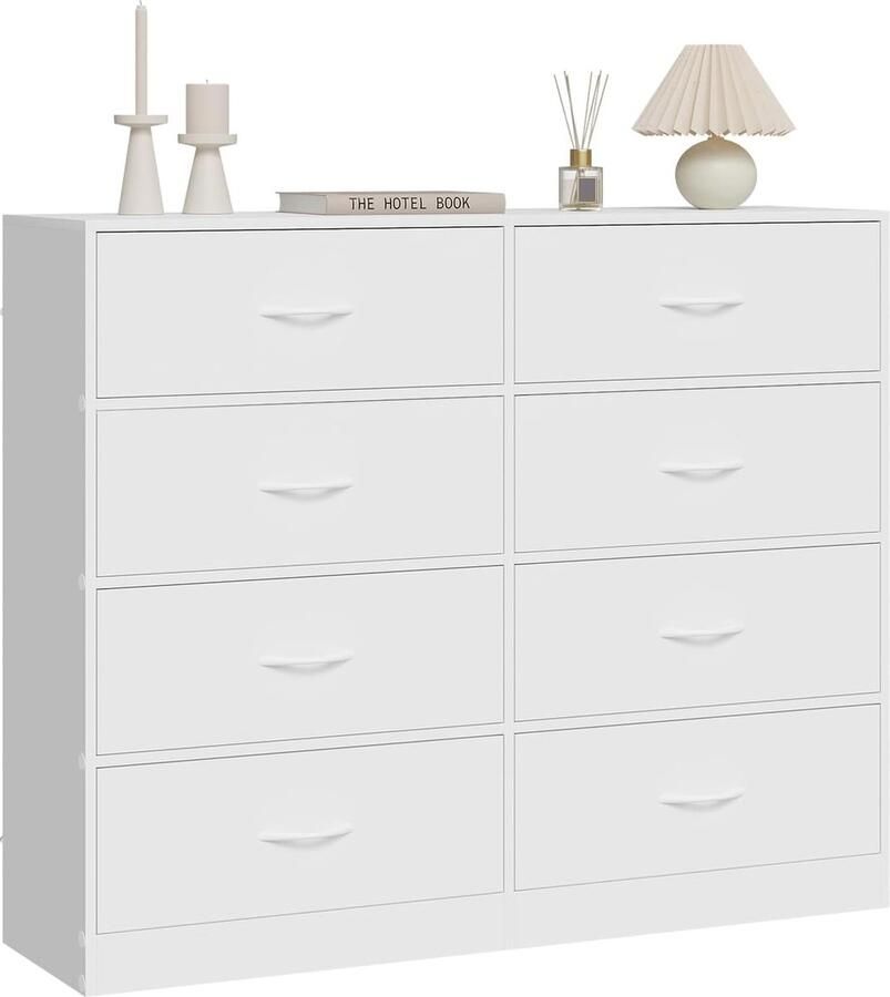 SSK017ws Ladekast met 8 Stoffen Laden Opbergladekast Wit Dressoir Slaapkamer Woonkamer Hal Gemaakt van Hout Materiaal Metaal Modern 108 x 30 x 89 cm