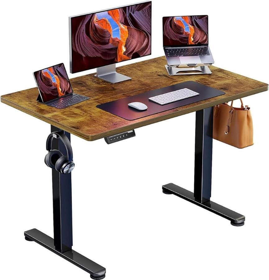 Sta Bureau 100 x 60 cm in Hoogte Verstelbaar Elektrisch Sta Bureau Zit Sta Bureau Met Splitplank Sta Bureau Met Rugzakhaak en Met 4 Geheugenstanden Bureau Thuiskantoor Vintage Bruin