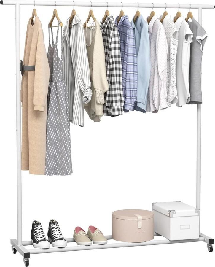 Staaf eenvoudige rollende metalen kledingrek vrijstaande hanger met wielen wit kledingrek