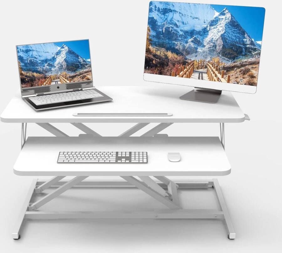Staand bureau in hoogte verstelbaar bureau-opzetstuk zit-sta-computertafel 80 x 40 cm met twee monitoren toetsenbordhouder wit