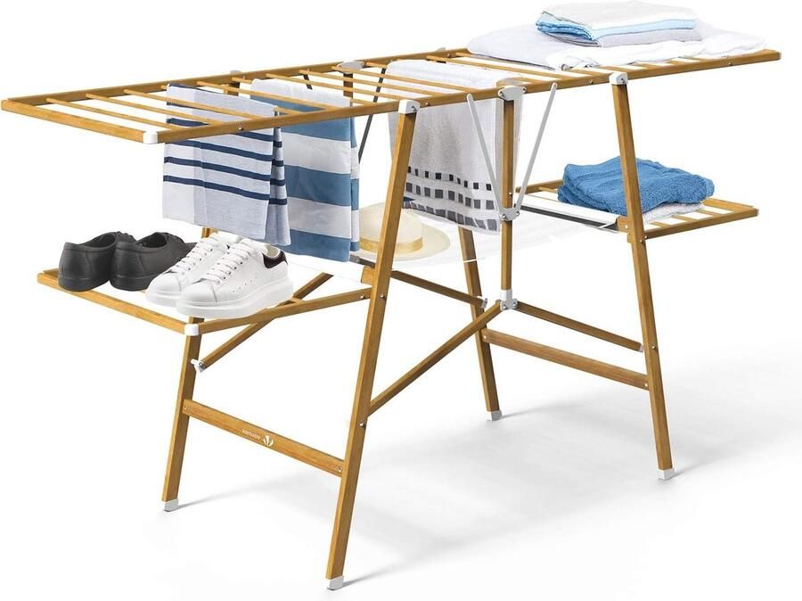 Staand Droogrek van Roestvrij Staal 20m Drooglengte Inklapbaar Hout Ontwerp met Opvouwbaar Frame Opvouwbare kledingrek
