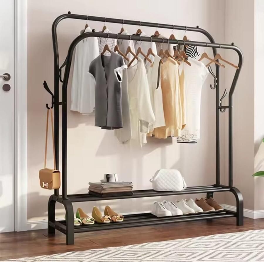 Staand Kledingrek met Dubbele Rail en Schoenenplank – Garderobe Organizer voor Slaapkamer & Hal – Metaal – Zwart