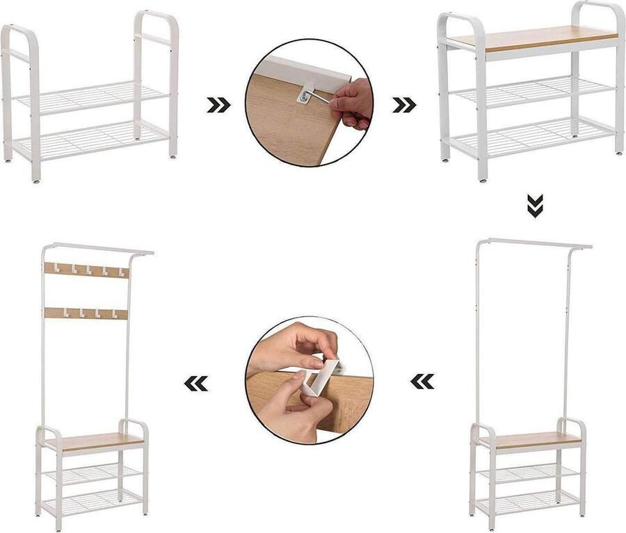 Staande Garderobekast met Kapstok Schoenenrek en Bank Vintage Industrieel Kapstokken Beige Wit 72 x 33 7 x 183 cm