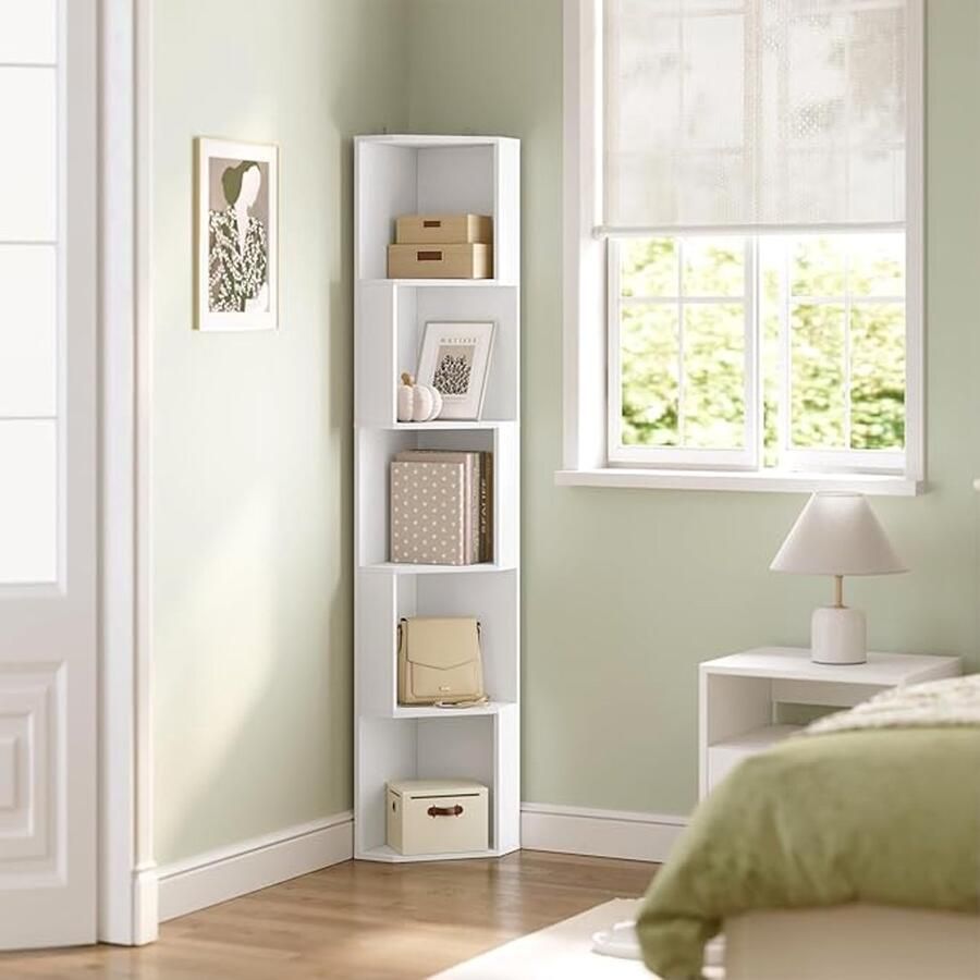 Staande hoekkast – witte hoekboekenkast met 5 vakken – ruimtebesparend opbergrek voor woonkamer slaapkamer & werkkamer