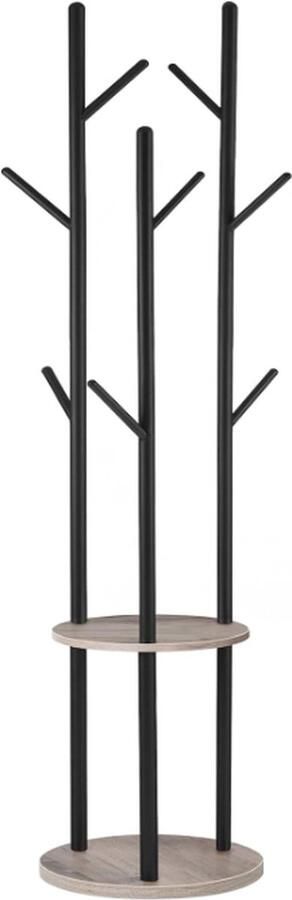 Staande Kapstok 8 Haken & 2 Planken Vrijstaand Kledingrek in Boomvorm Zwart Eenvoudig te Installeren Greige & Zwart