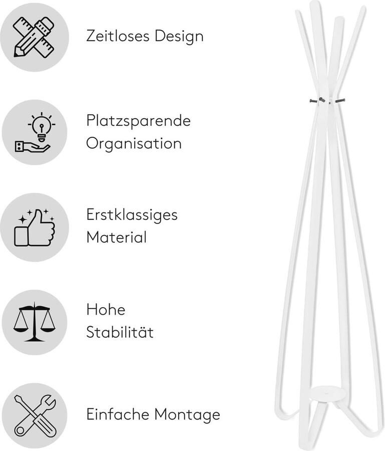 Staande kapstok met 8 haken Metaal 170 cm Wit Elegante garderobe voor ieder interieur