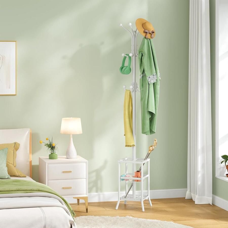 Staande kapstok met paraplustandaard – Metalen jasrek met 12 haken – Wit