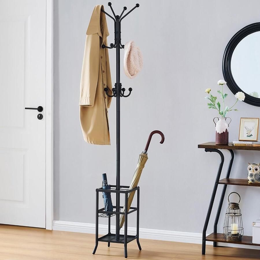 “Staande Kapstok met Paraplustandaard – Metalen Jasrek met 12 Haken Zwart”