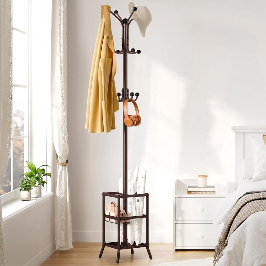 Staande kapstok met paraplustandaard – Metalen kledingstandaard met 12 haken – Bruin
