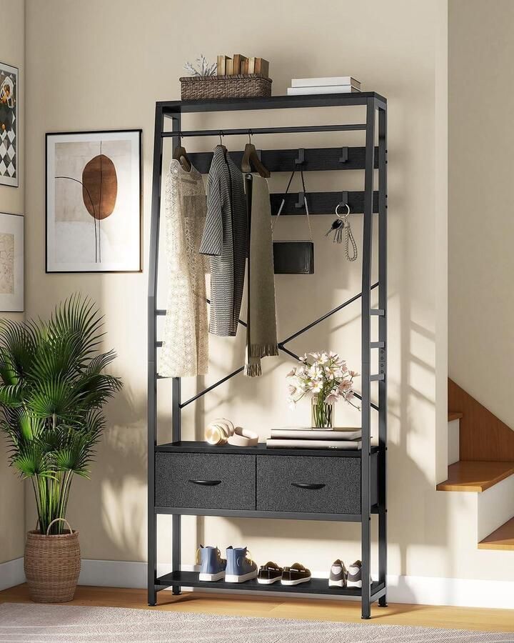 Standing Coat Rack with Shoe Storage and 2 Folding Drawers Industrial Style with 8 Hooks Metal Frame Black