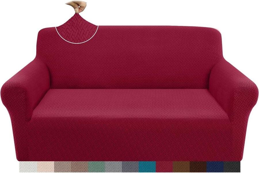 2-zits superzachte antislip stretch jacquard bankovertrek voor vier seizoenen universele elastische bankovertrek voor honden katten en huisdieren wijnrood