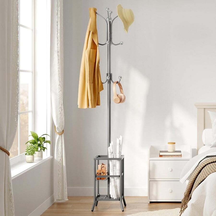 Staande metalen kapstok met paraplustandaard – 12 haken jasrek voor woonkamer of slaapkamer – Grijs