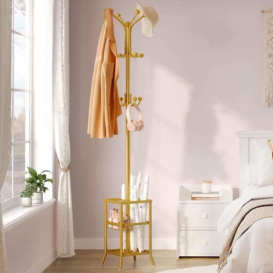 Staande metalen kapstok met paraplustandaard – 12 haken modern kledingrek – Goud