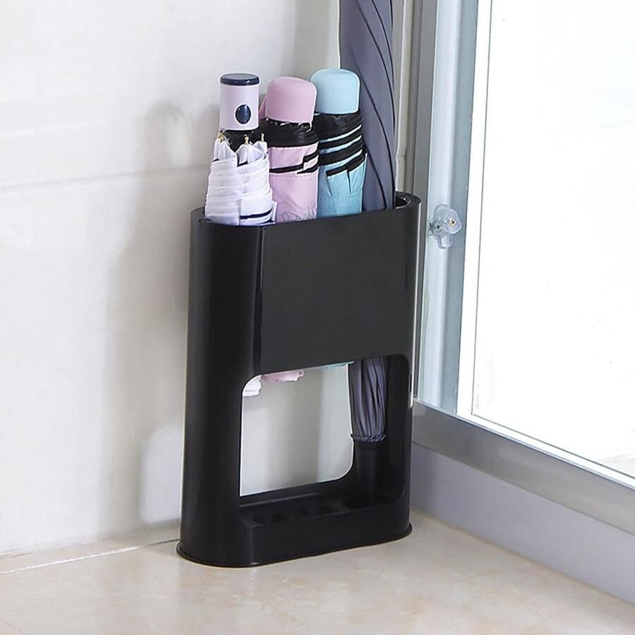 Staande parapluhouder met verwijderbare druppelbak plastic paraplurek voor lange korte paraplu's opbergrek voor binnen ruimtebesparende organisator voor thuis of kantoor (zwart)