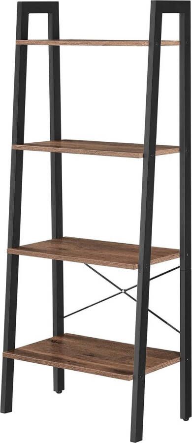 Staande plank boekenkast 4-laagse ladderplank stevig metalen frame eenvoudige montage voor woonkamer slaapkamer keuken hazelnootbruin-zwart LLS044B03