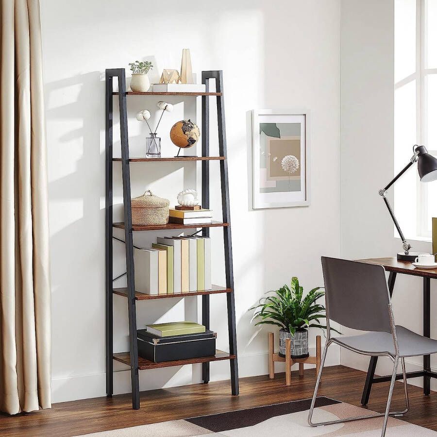 Staande plank boekenkast met 5 legplanken met metalen frame eenvoudige montage voor woonkamer slaapkamer keuken 56 x 34 x 172 cm (L x B x H) vintage bruin-zwart LLS45X