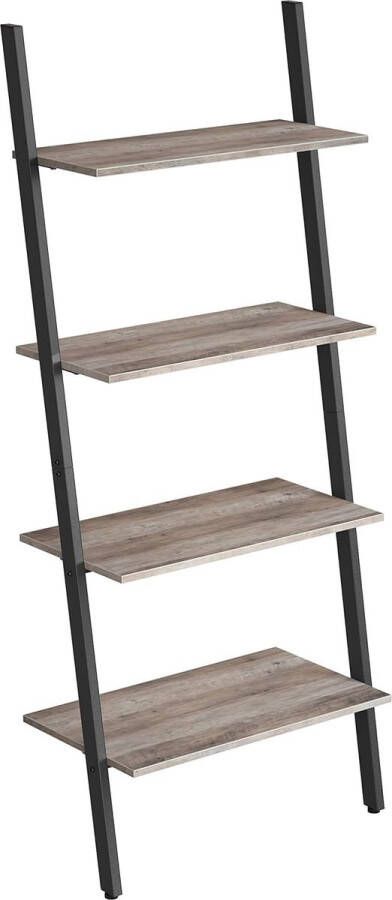 Staande plank ladderplank wandplank met 4 niveaus boekenkast staande plank woonkamer keuken kantoor staal stevig schuin leunt tegen de muur industrieel ontwerp greige-zwart