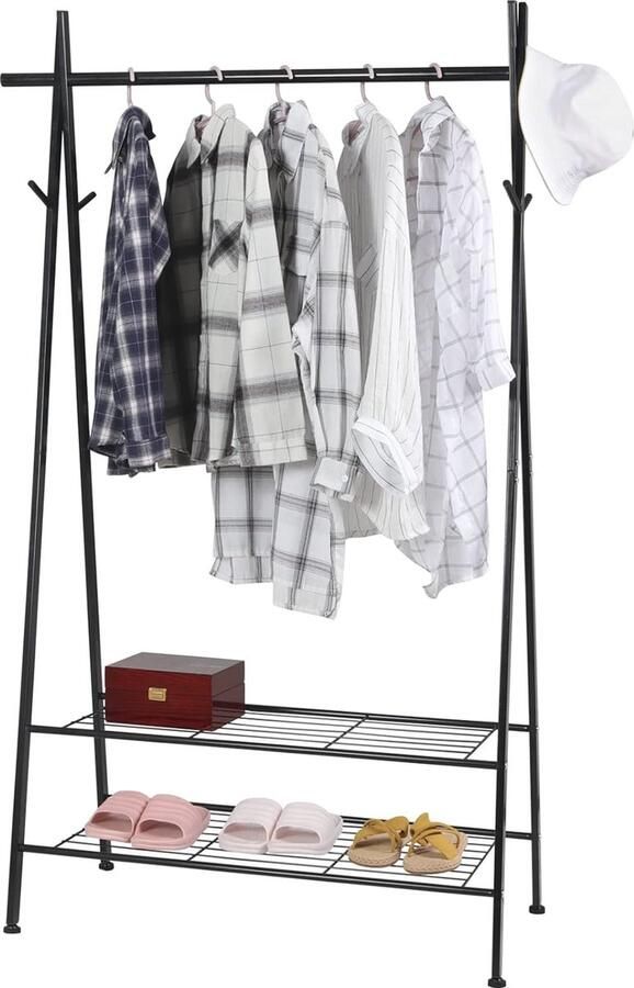 Stabiel Kledingrek met Schoenenrek en Haken Multifunctionele Kapstok van Metaal Zwart