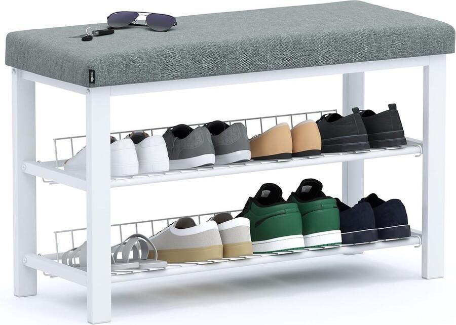 Stabiel schoenenrek met bank ruimtebesparende schoenenbank 2 roosterplanken 81 x 50 x 32 cm elegante schoenenkast voor hal woonkamer en slaapkamer met bescherming tegen vloerkrassen (wit)
