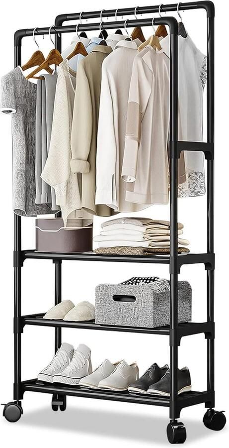 Stabiele Kledingrek op Wielen met 3 Lagen Opslagruimte voor Schoenen en Hoeden Zwart