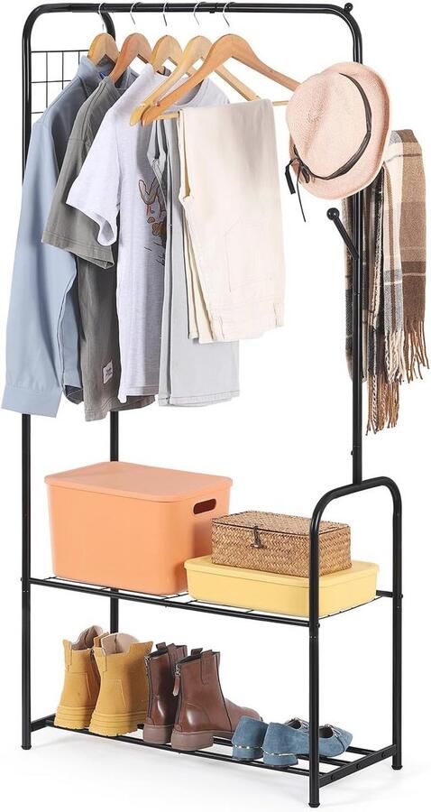 Stabiele kledingstang van metaal Kledingrek met schoenenrek en haken Vrijstaand kledingrek voor mantels overhemden rokken Zwart kledingrek - Foto 2