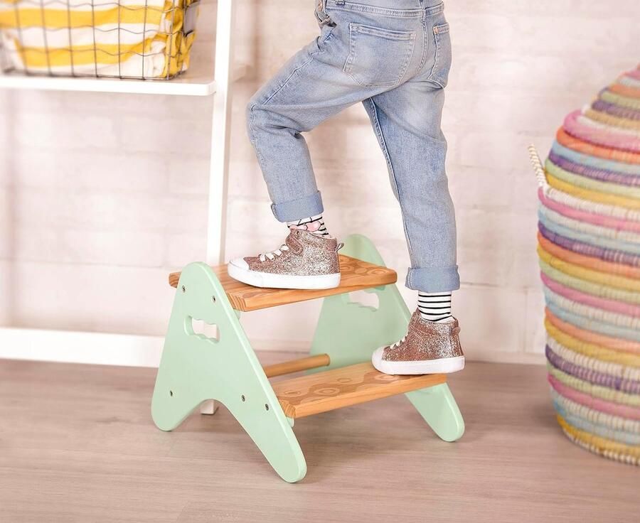 Stabiele opstapkruk voor kinderen van hout kruk met 2 treden kindermeubel muntkleurig voor badkamer keuken kinderkamer vanaf 2 jaar klein