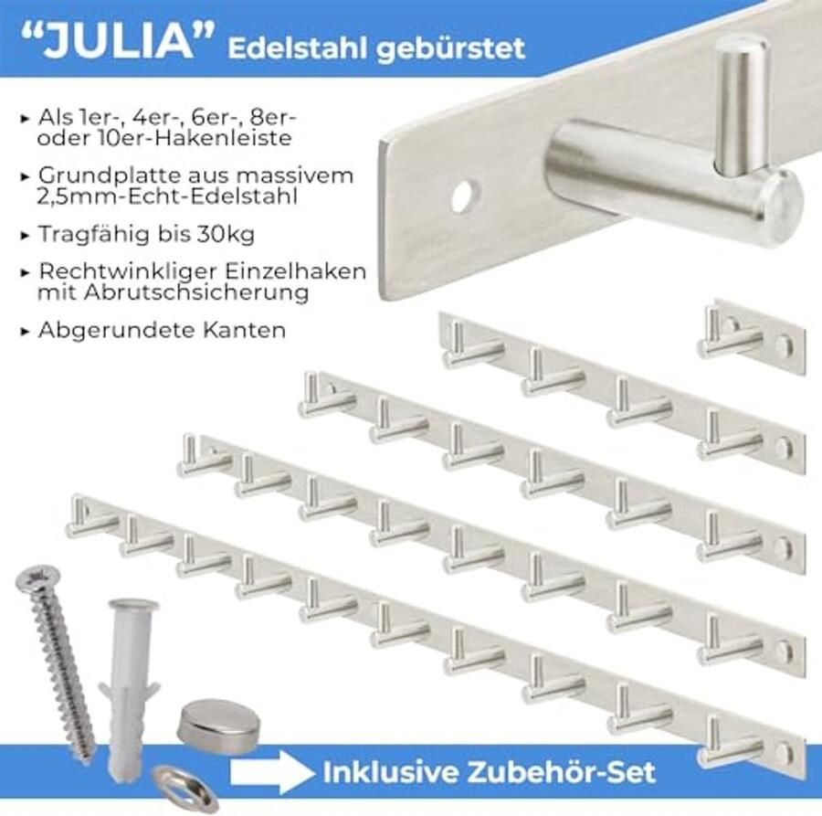 Stahlia hakenrek geborsteld RVS kapstok 4x haken (L: 310mm) Model: JULIA wandkapstok met 1 4 6 8 10 kapstokken kapstokhaken muurhaken