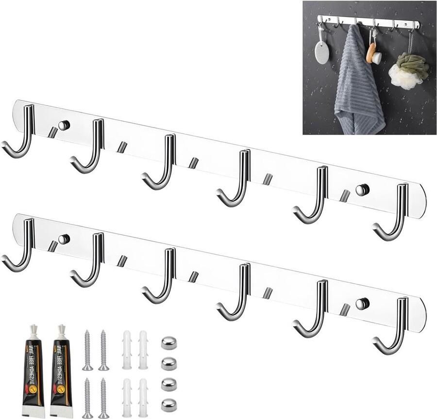 Stainless Steel Coat Hooks 2Pcs Wall Coat Rack with 6 Hooks for Clothing Coats Bags Hats Bedroom Wardrobe Bathroom Kitchen Silver