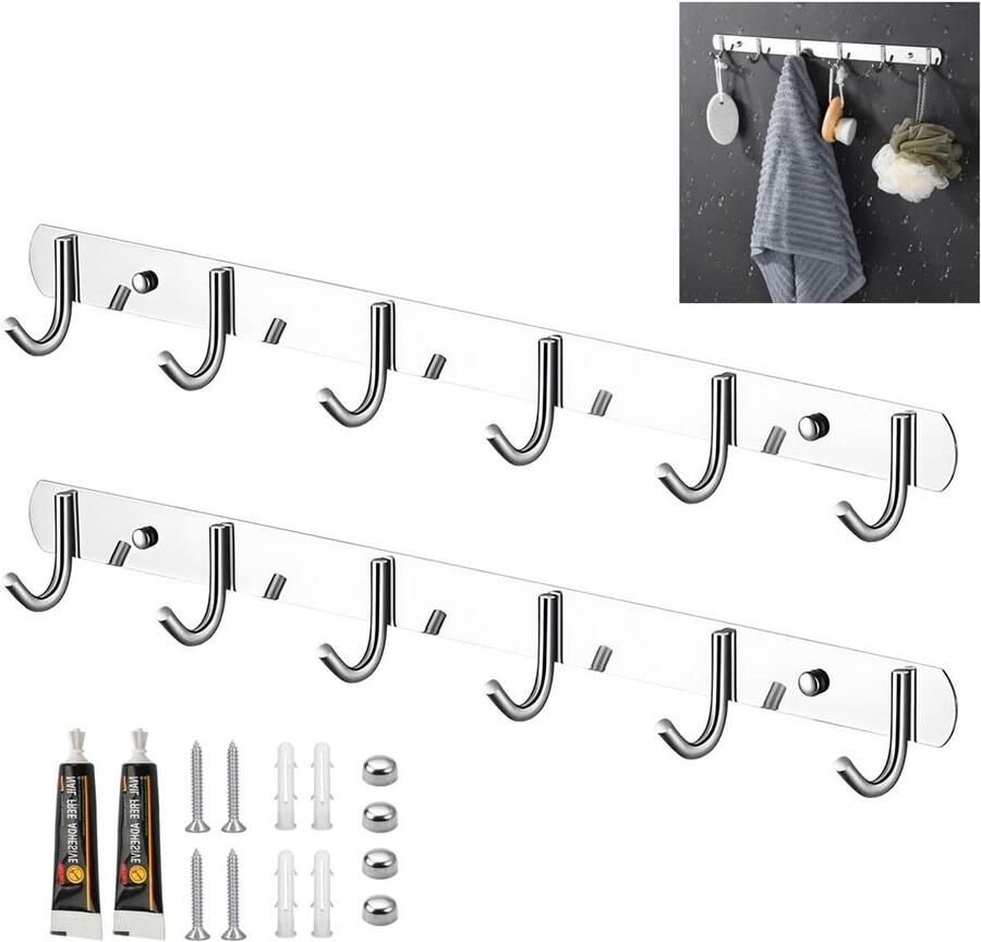 Stainless Steel Coat Hooks 31cm Wall Coat Rack with 6 Hooks for Clothing Coats Bags Hats Bedroom Wardrobe Bathroom Kitchen (Silver) 2Pcs